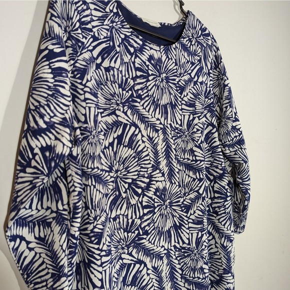 Garnet Hill Navy Print 3/4 Sleeve Silk Shift Midi Dress Women Size 10 - Picture 3 of 6